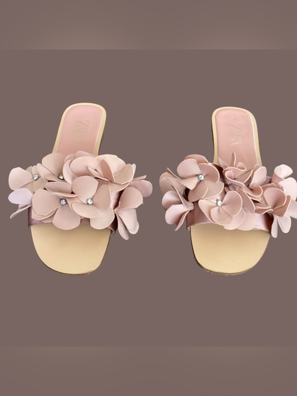 Zara Pink Floral Appliqué Slide Sandals with Rhinestones Rare Size 8 (EU 38)